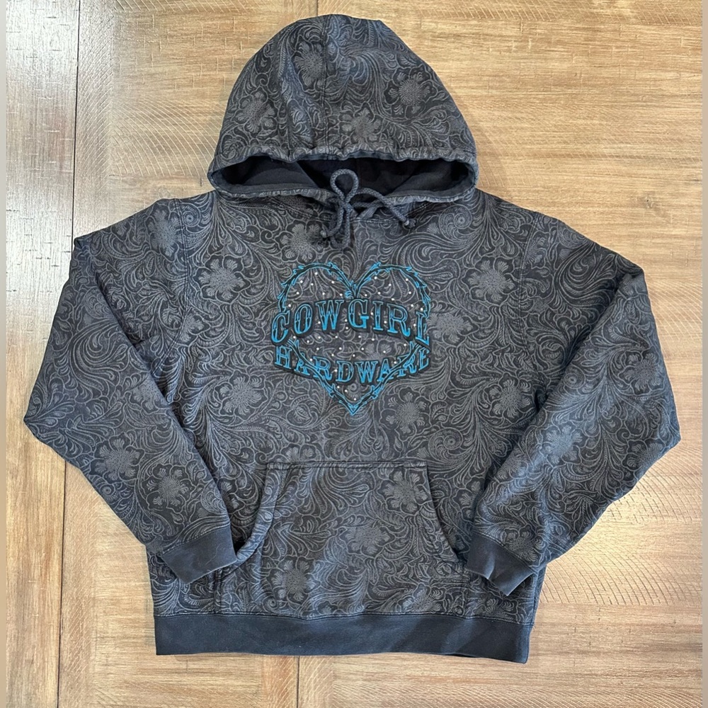 Cowgirl Hardware Black Grey Paisley Hoodie Blue Logo Rhinestones Bling Heart M - Picture 12 of 15